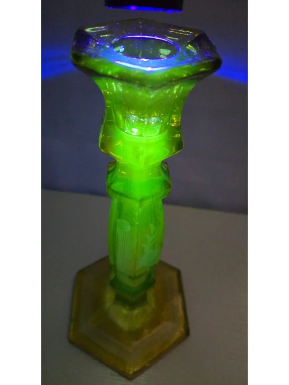 Vtg Vaseline Uranium Glass Etched 2 Patterns 9 Inches High Candle Stick Holder